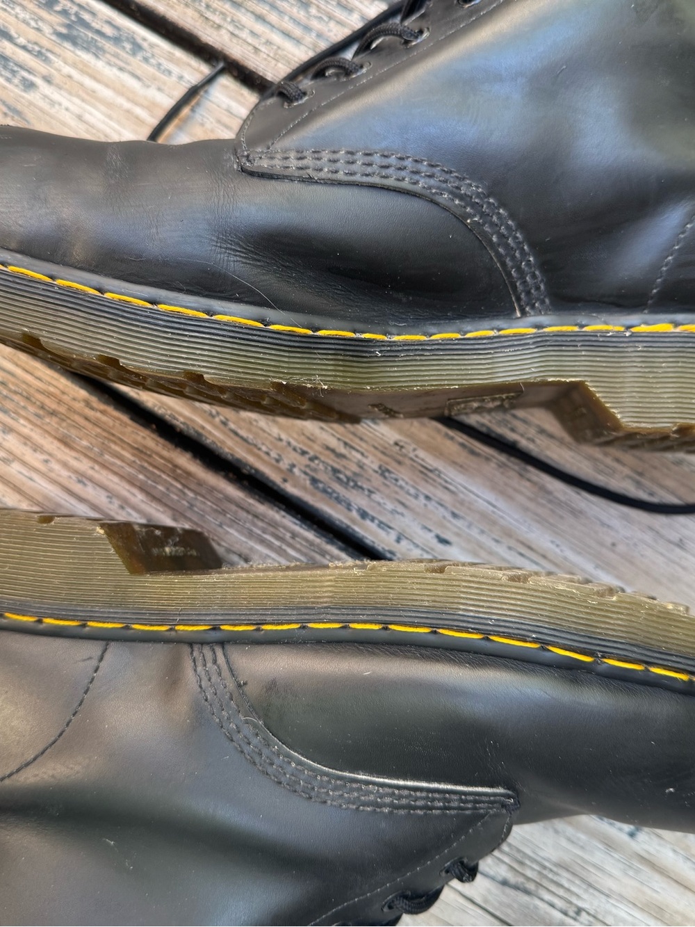 Dr. Martens AirWair Black Leather Lace-Up Combat Boots with Yellow Stitching - Picture 8 of 9